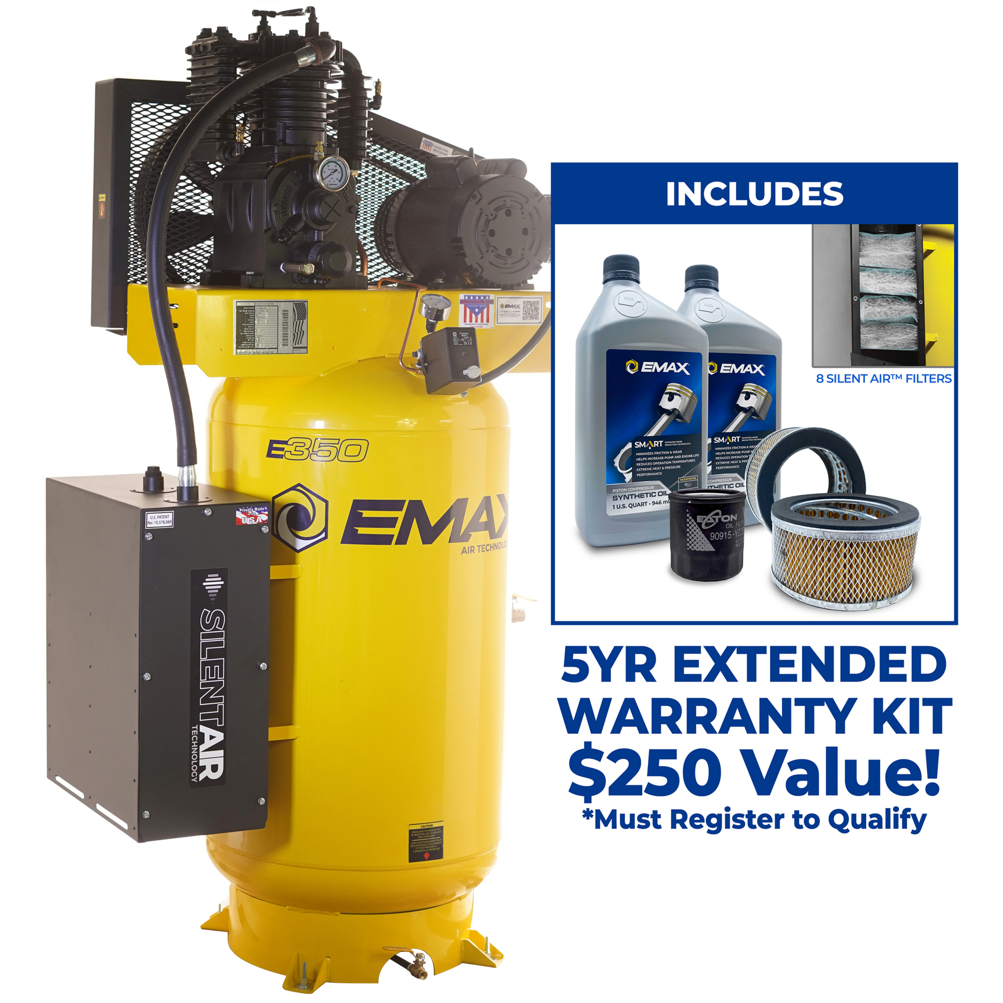 EMAX Silent Air 5HP 80-Gal Air Compressor – 19CFM, Two-Stage, Inline , Pressure Lube, Includes Maintenance Kit